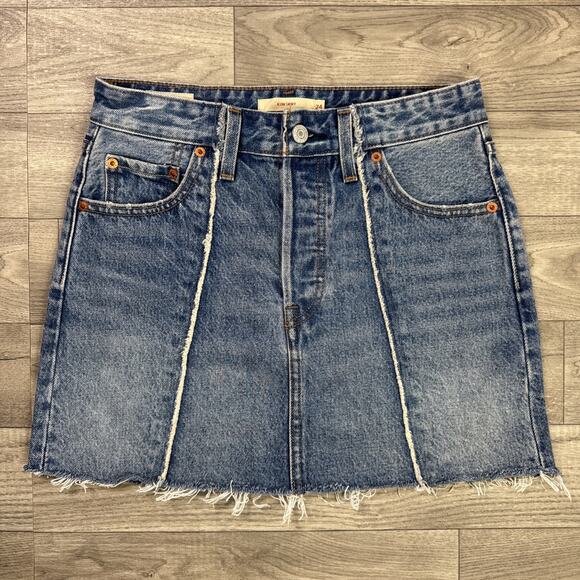 Levi's Dresses & Skirts - Levi's Icon Jean Skirt A-Line Button Fly Frayed Hem Medium Wash sz 24
